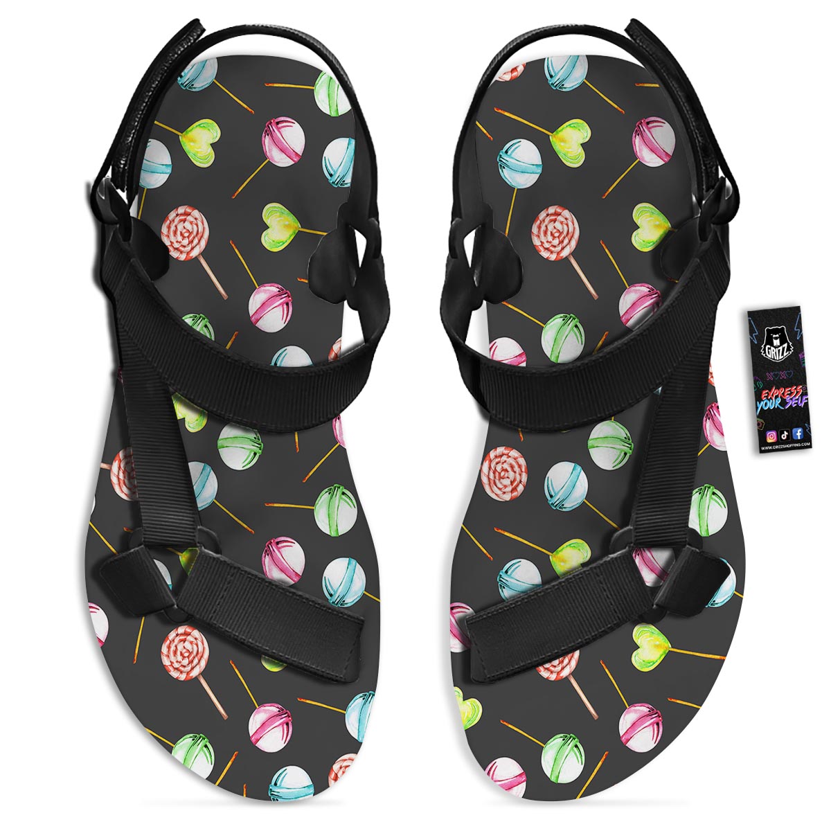 Candy Sweet Print Pattern Black Open Toe Sandals-grizzshop