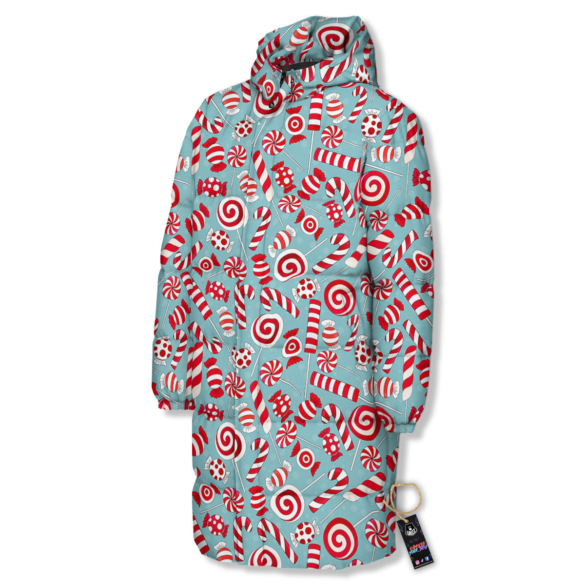 Candy Cane Christmas Print Pattern Long Down Jacket