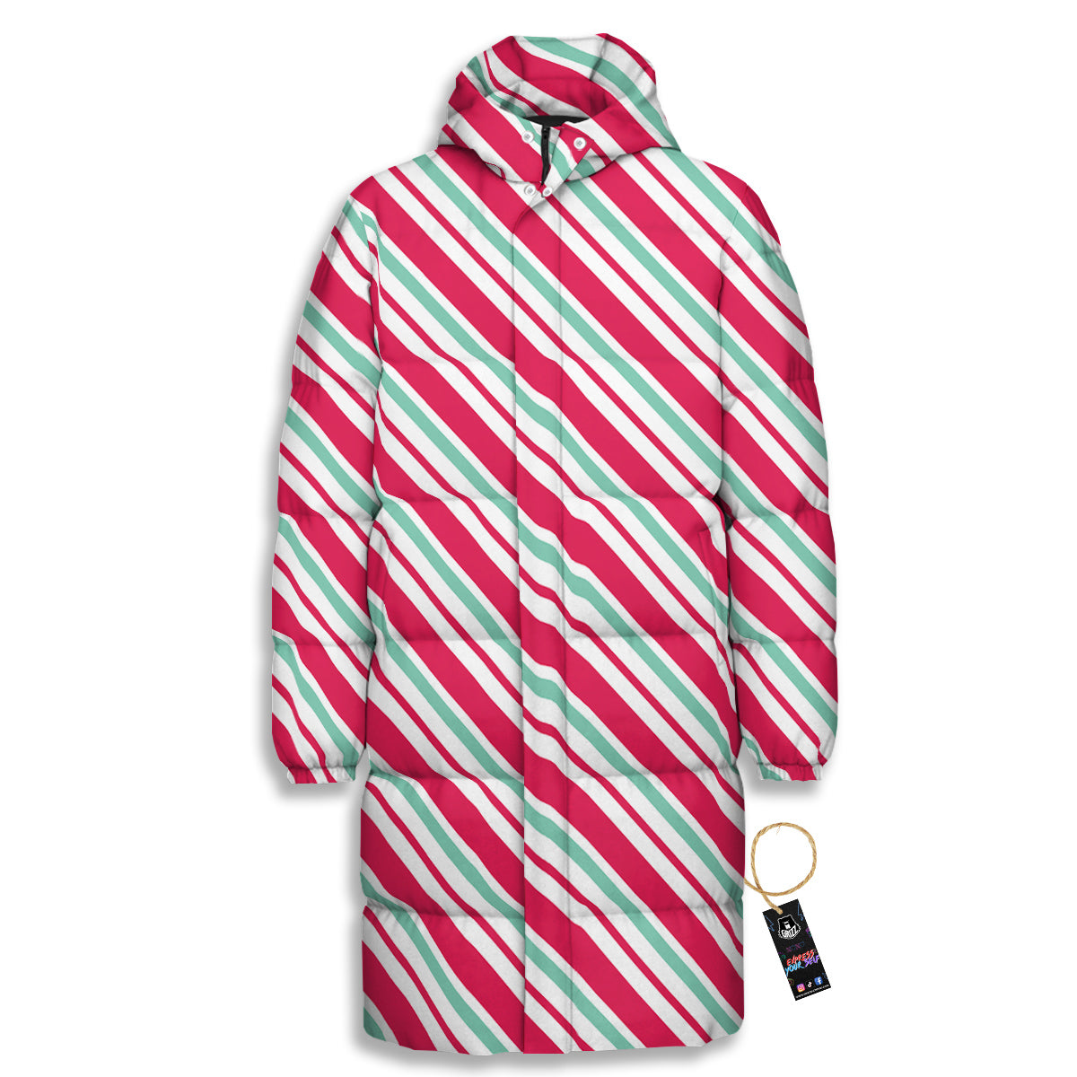 Candy Cane Striped Christmas Print Long Down Jacket
