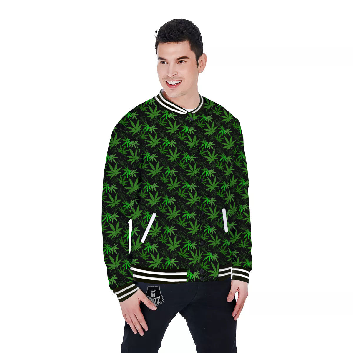 Cannabis Leaf Black And Green Print Baseball Jacket-grizzshop
