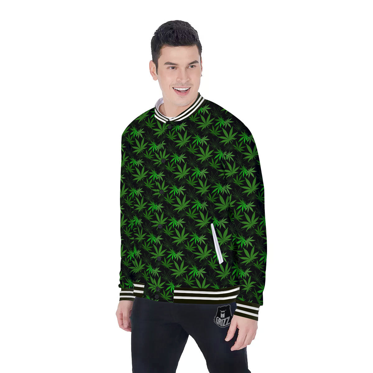 Cannabis Leaf Black And Green Print Baseball Jacket-grizzshop