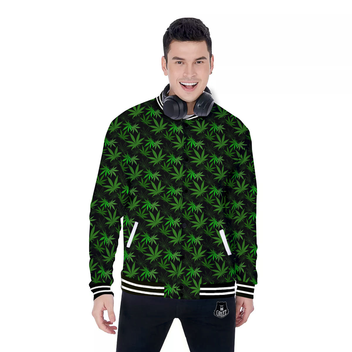 Cannabis Leaf Black And Green Print Baseball Jacket-grizzshop