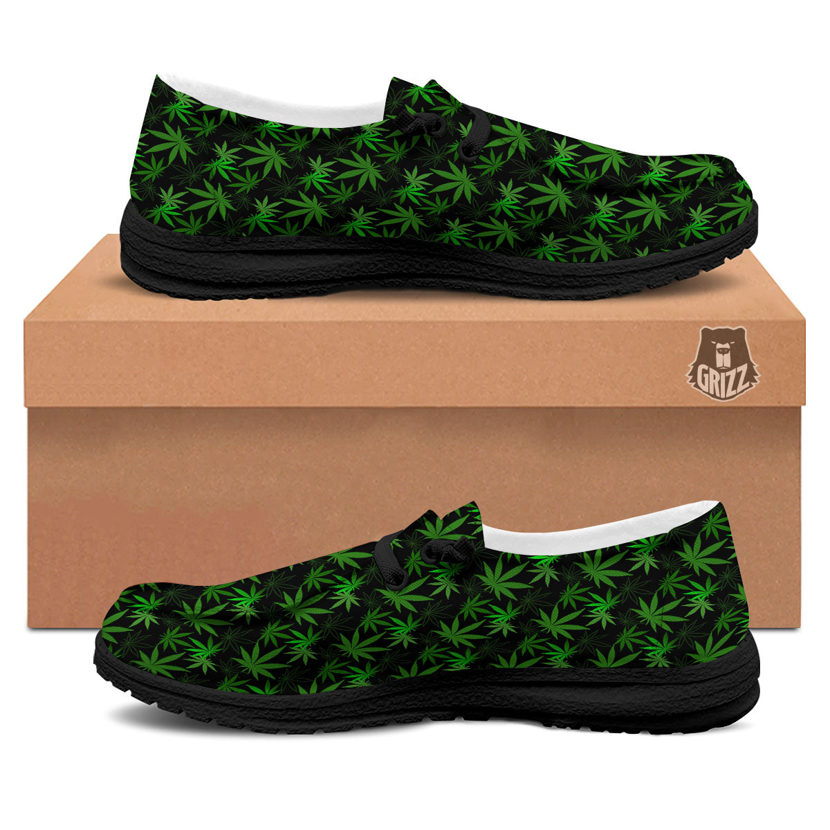 Cannabis Leaf Black And Green Print Black Loafers-grizzshop