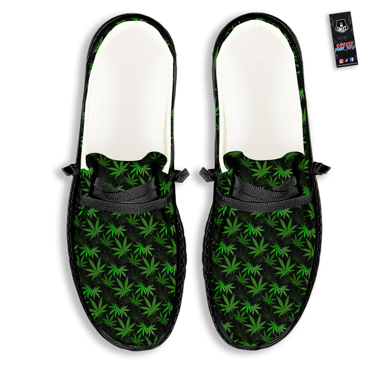 Cannabis Leaf Black And Green Print Black Loafers-grizzshop