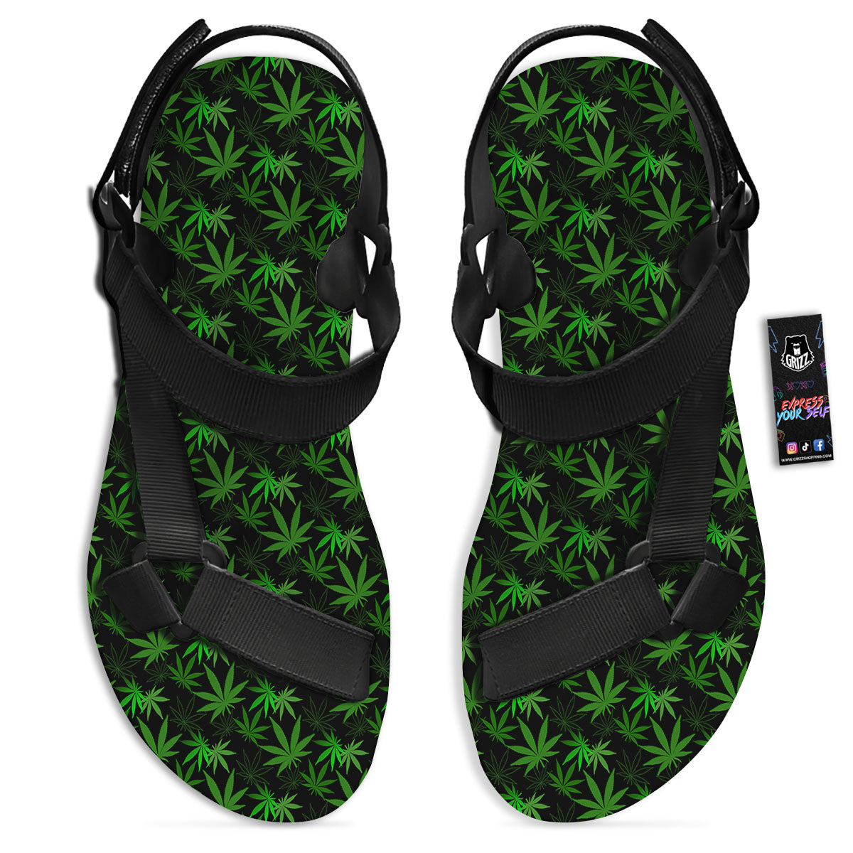 Cannabis Leaf Black And Green Print Black Open Toe Sandals-grizzshop