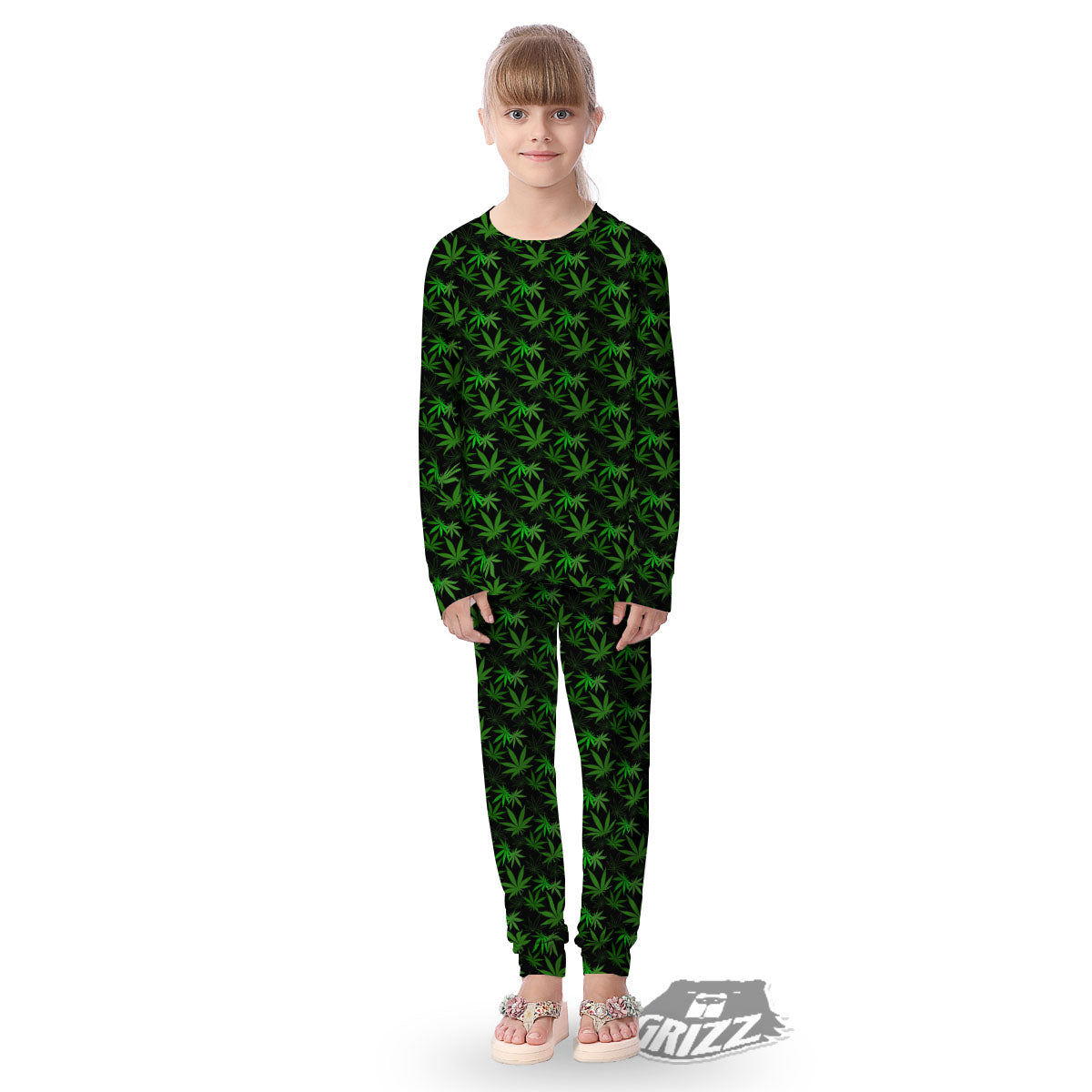 Cannabis Leaf Black And Green Print Kid's Pajamas-grizzshop