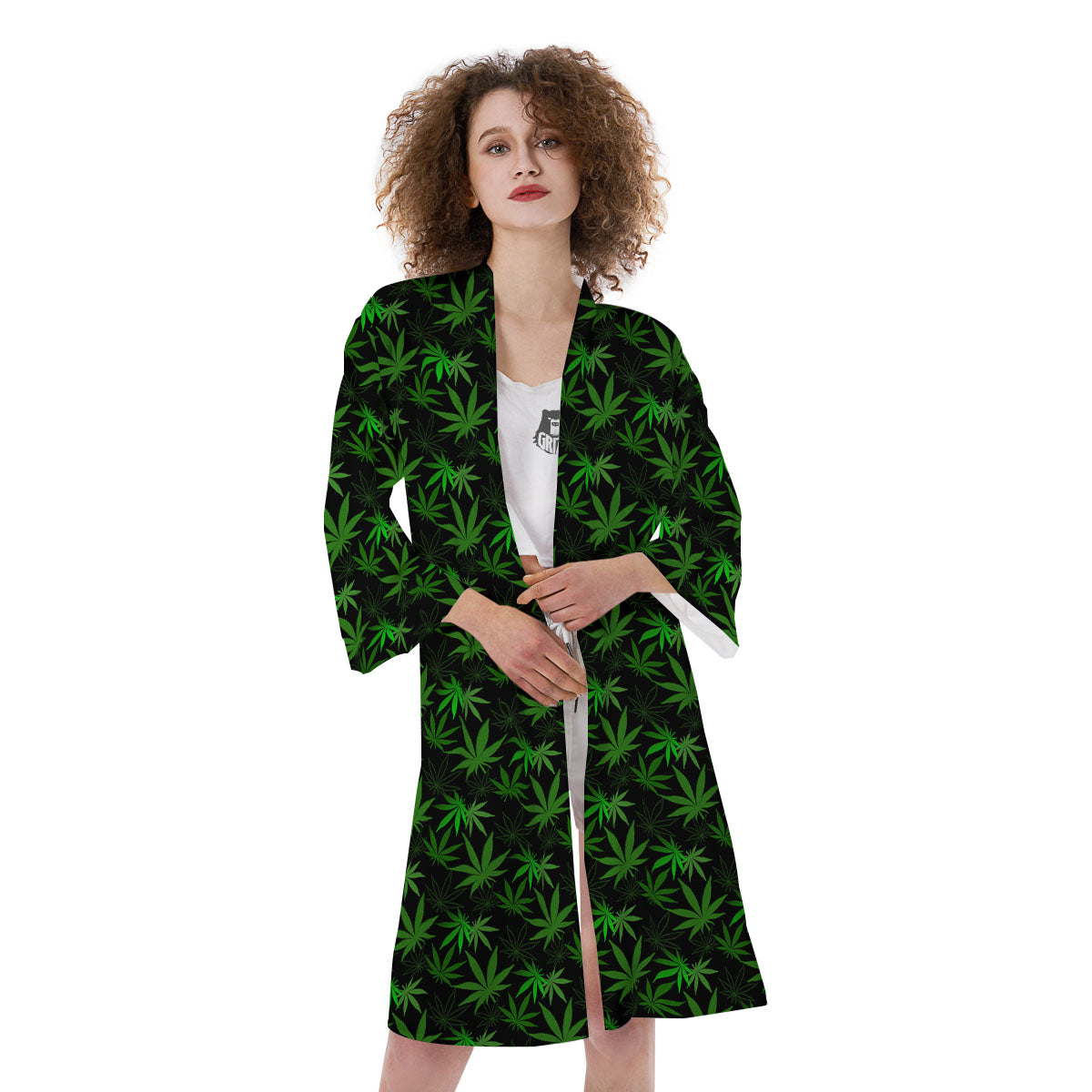 Cannabis Leaf Black And Green Print Kimono-grizzshop