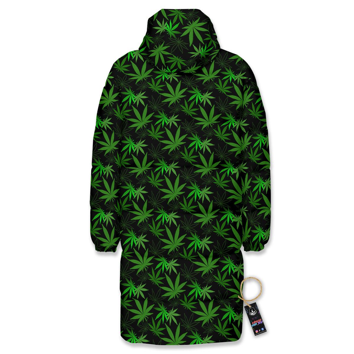 Cannabis Leaf Black And Green Print Long Down Jacket-grizzshop