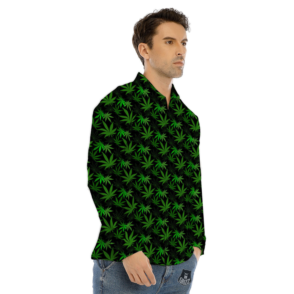 Cannabis Leaf Black And Green Print Men's Dress Shirts-grizzshop