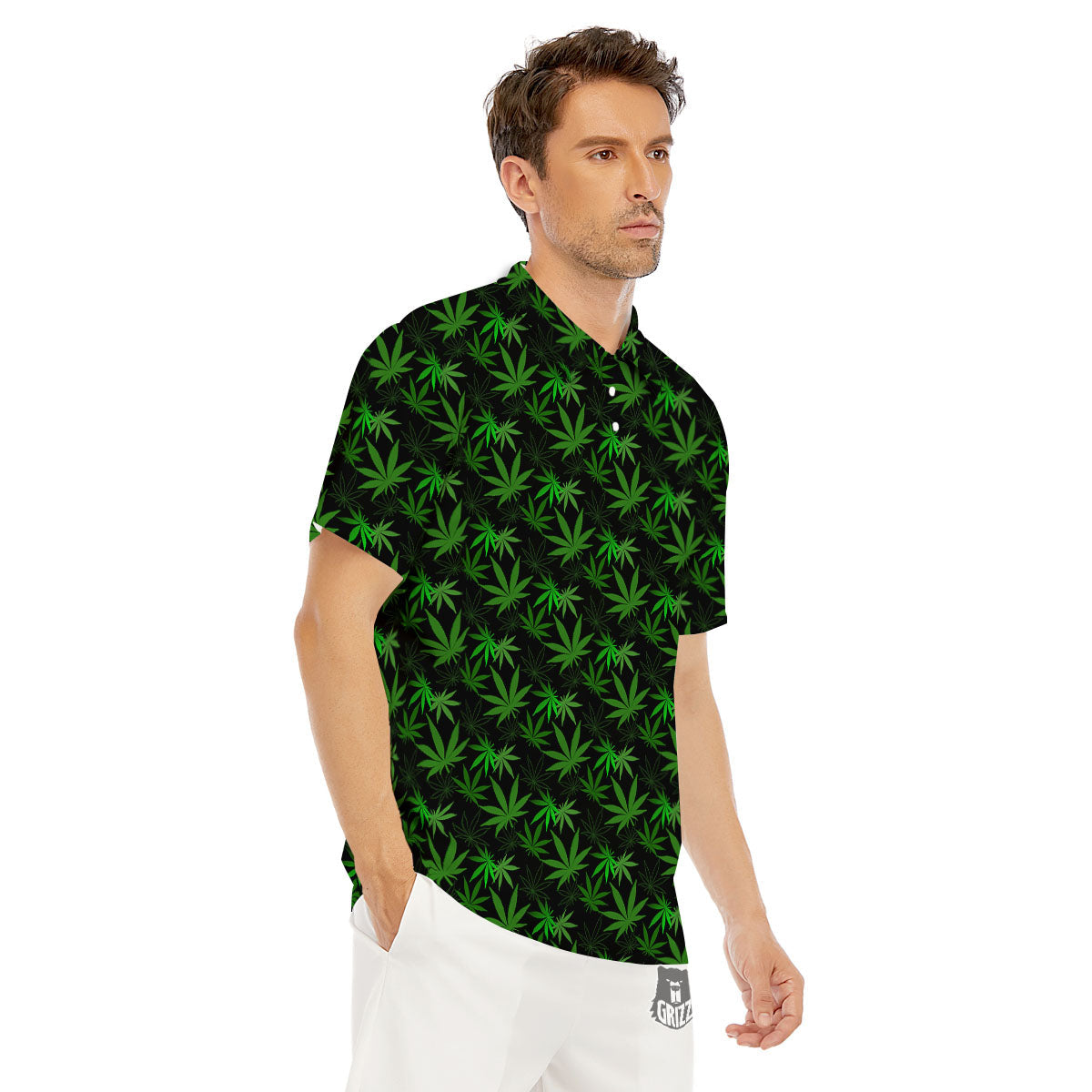 Cannabis Leaf Black And Green Print Men's Golf Shirts-grizzshop