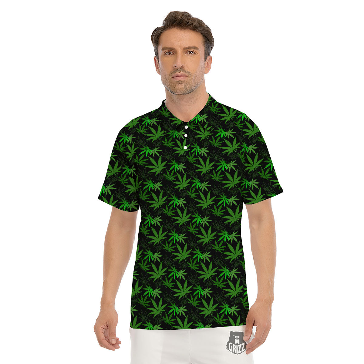 Cannabis Leaf Black And Green Print Men's Golf Shirts-grizzshop
