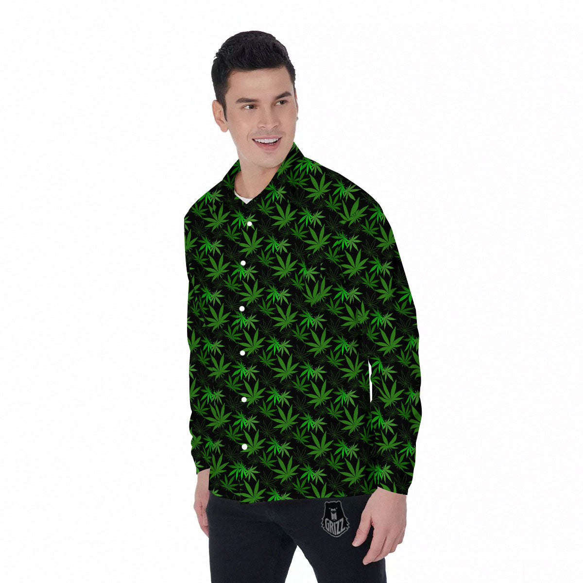 Cannabis Leaf Black And Green Print Men's Long Sleeve Shirts-grizzshop
