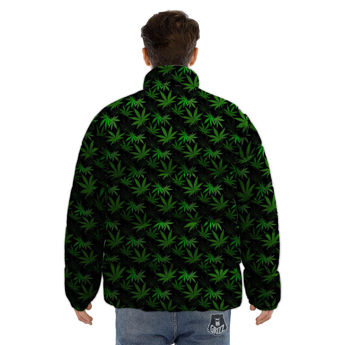 Cannabis Leaf Black And Green Print Puffer Jacket-grizzshop