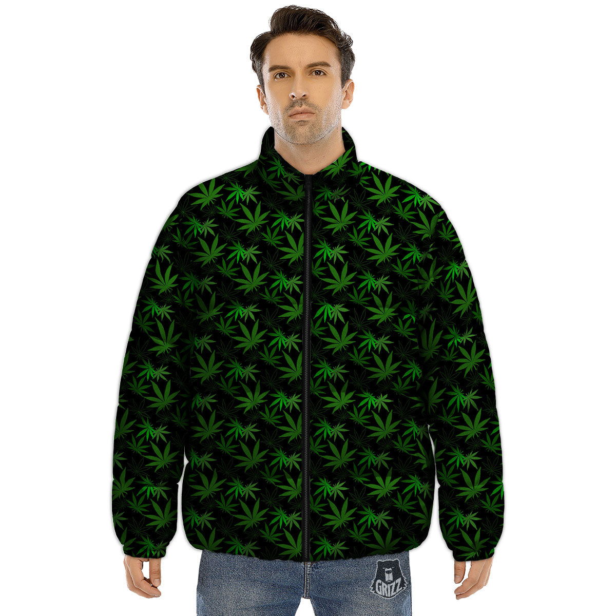 Cannabis Leaf Black And Green Print Puffer Jacket-grizzshop