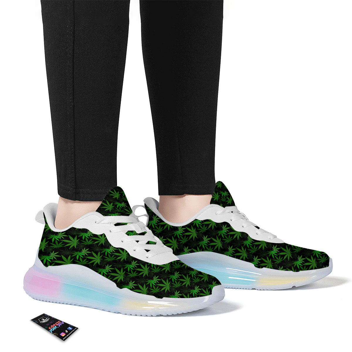 Cannabis Leaf Black And Green Print Running Sneakers-grizzshop