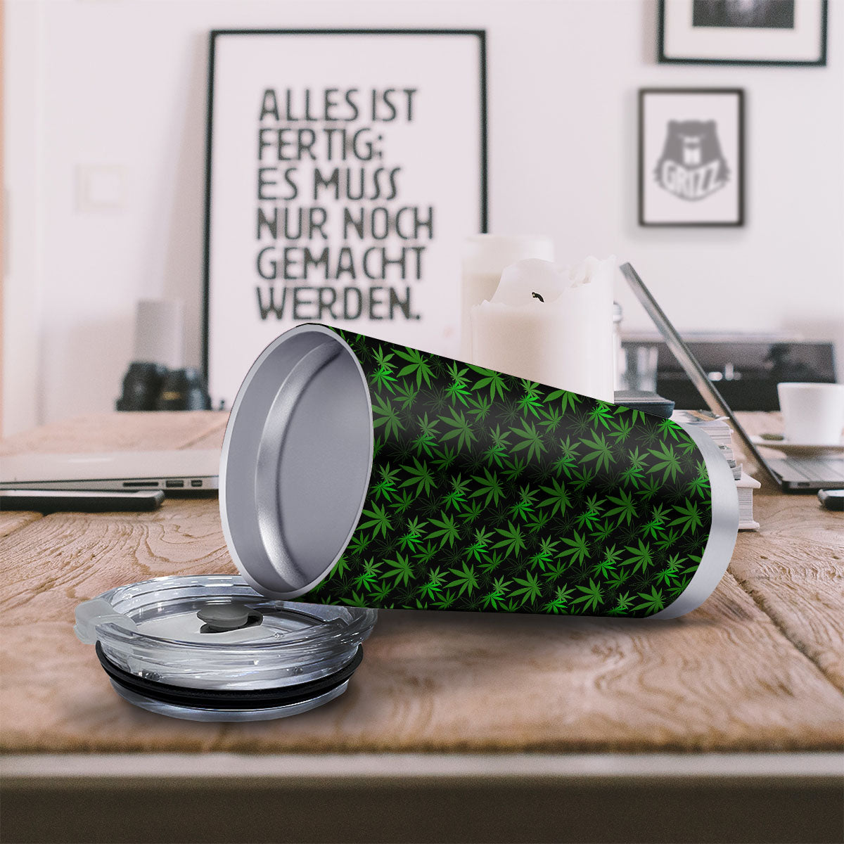 Cannabis Leaf Black And Green Print Tumbler-grizzshop
