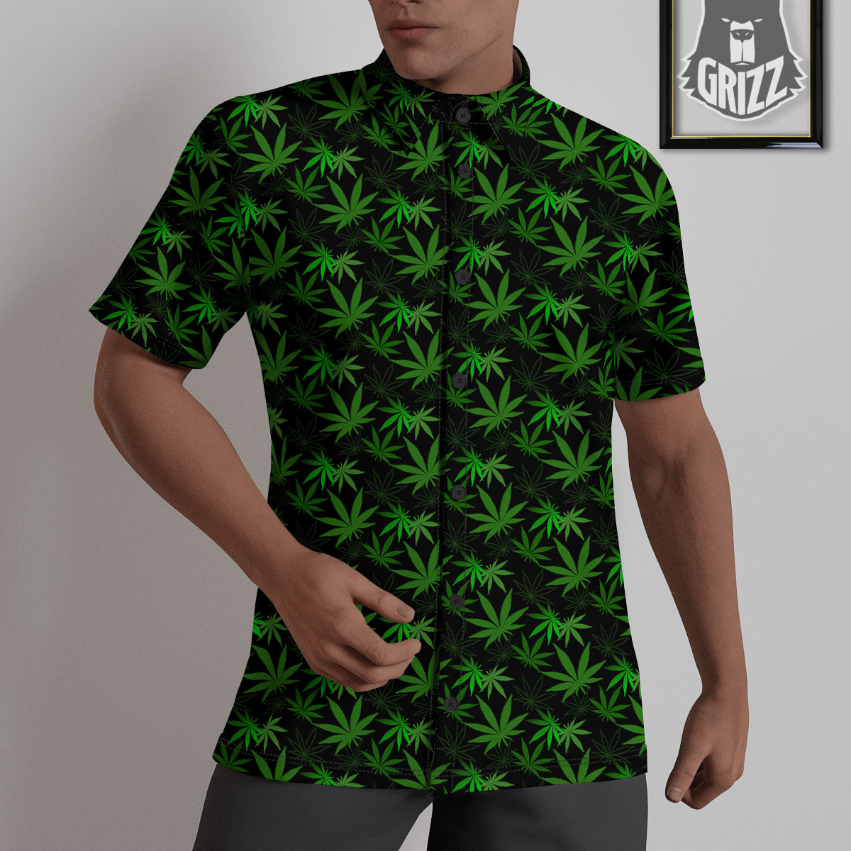 Cannabis Leaf Black And Green Print Untucked Shirts-grizzshop