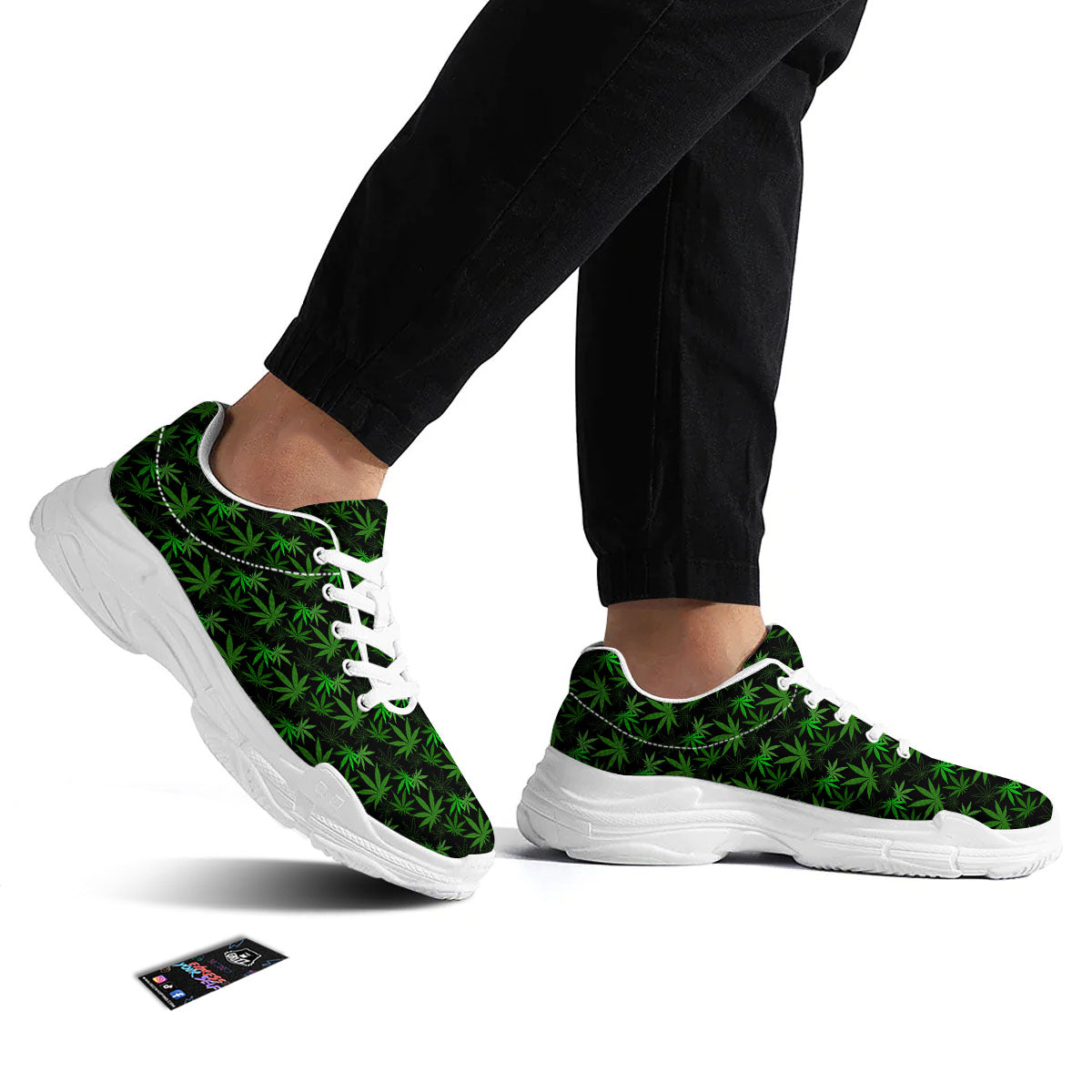 Cannabis Leaf Black And Green Print White Chunky Shoes-grizzshop