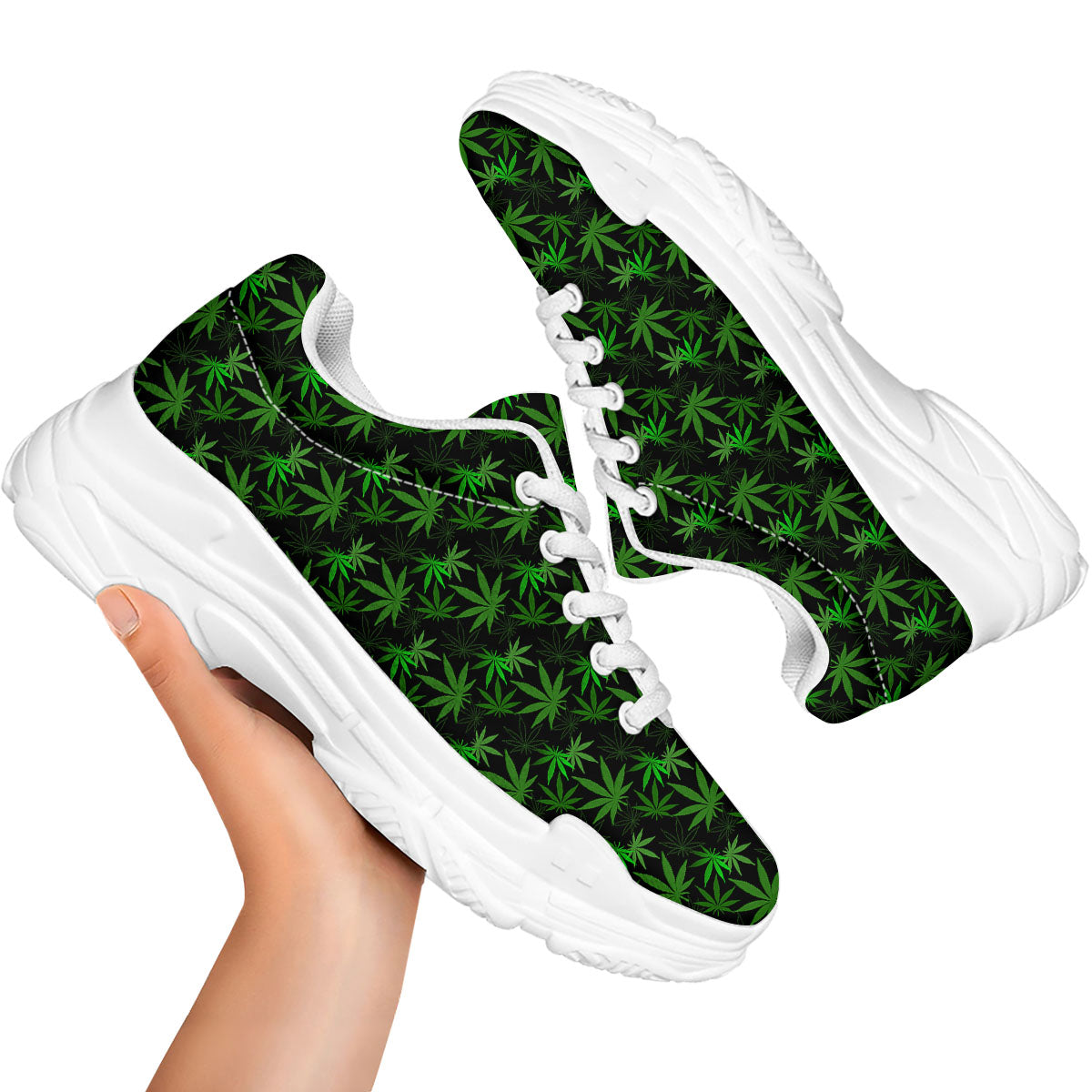 Cannabis Leaf Black And Green Print White Chunky Shoes-grizzshop
