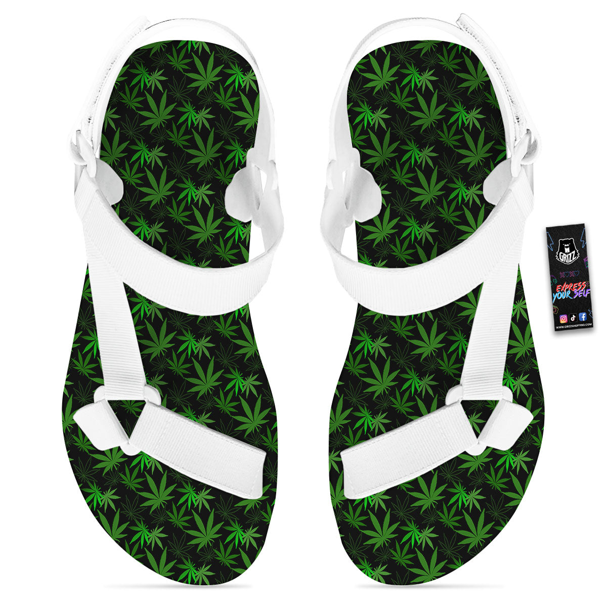 Cannabis Leaf Black And Green Print White Open Toe Sandals-grizzshop