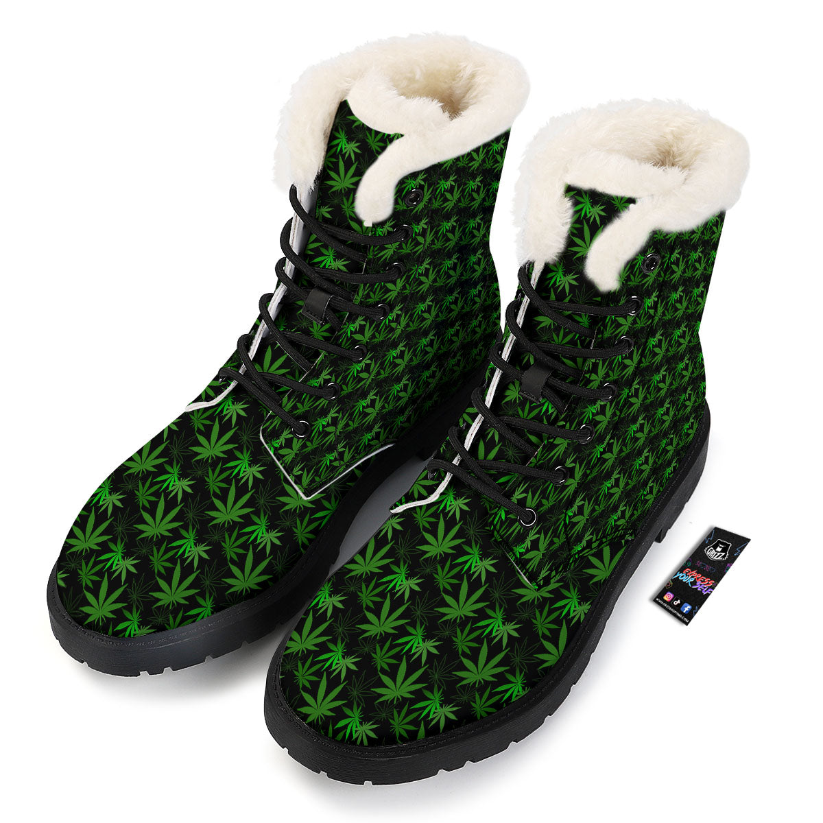 Cannabis Leaf Black And Green Print Winter Boots-grizzshop