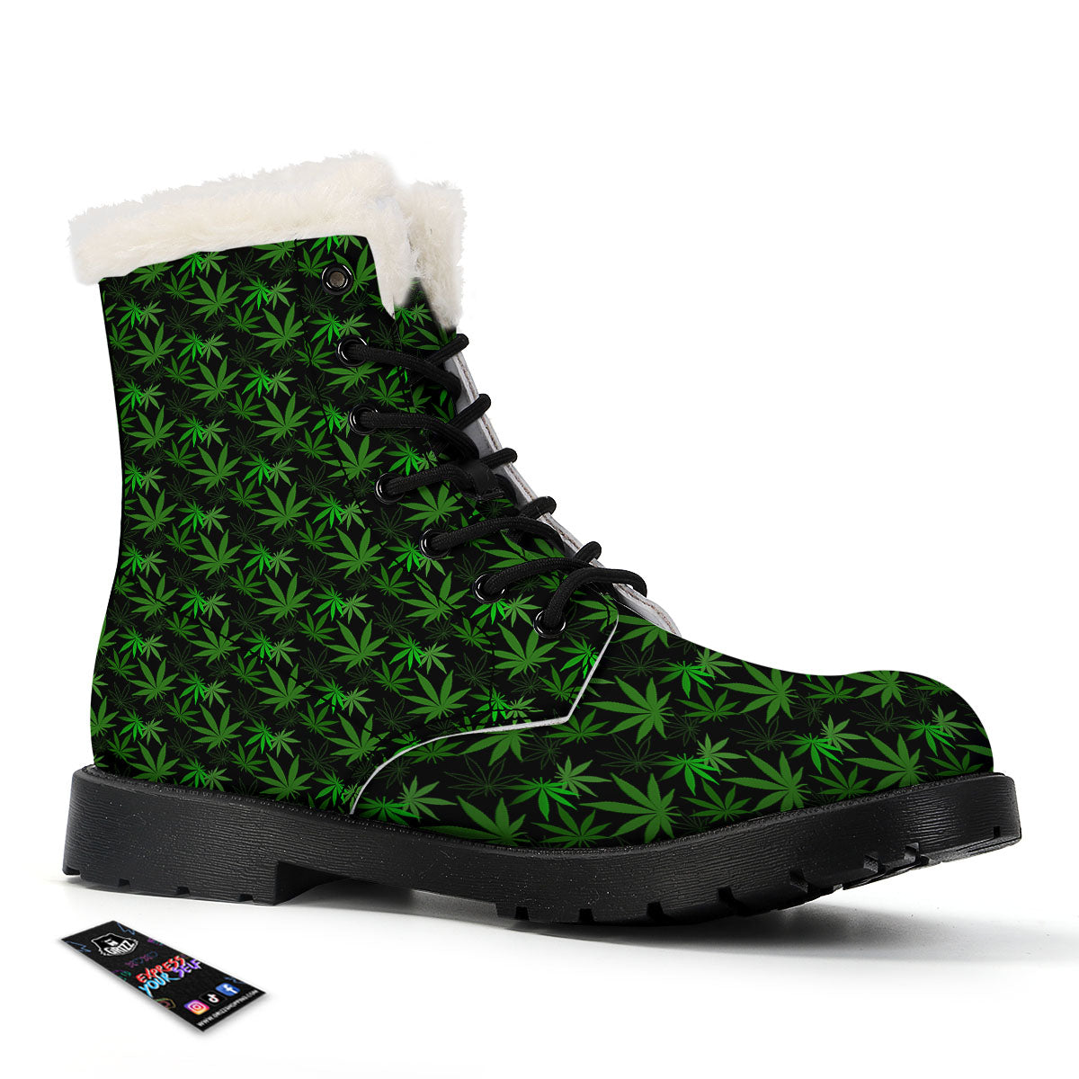 Cannabis Leaf Black And Green Print Winter Boots-grizzshop