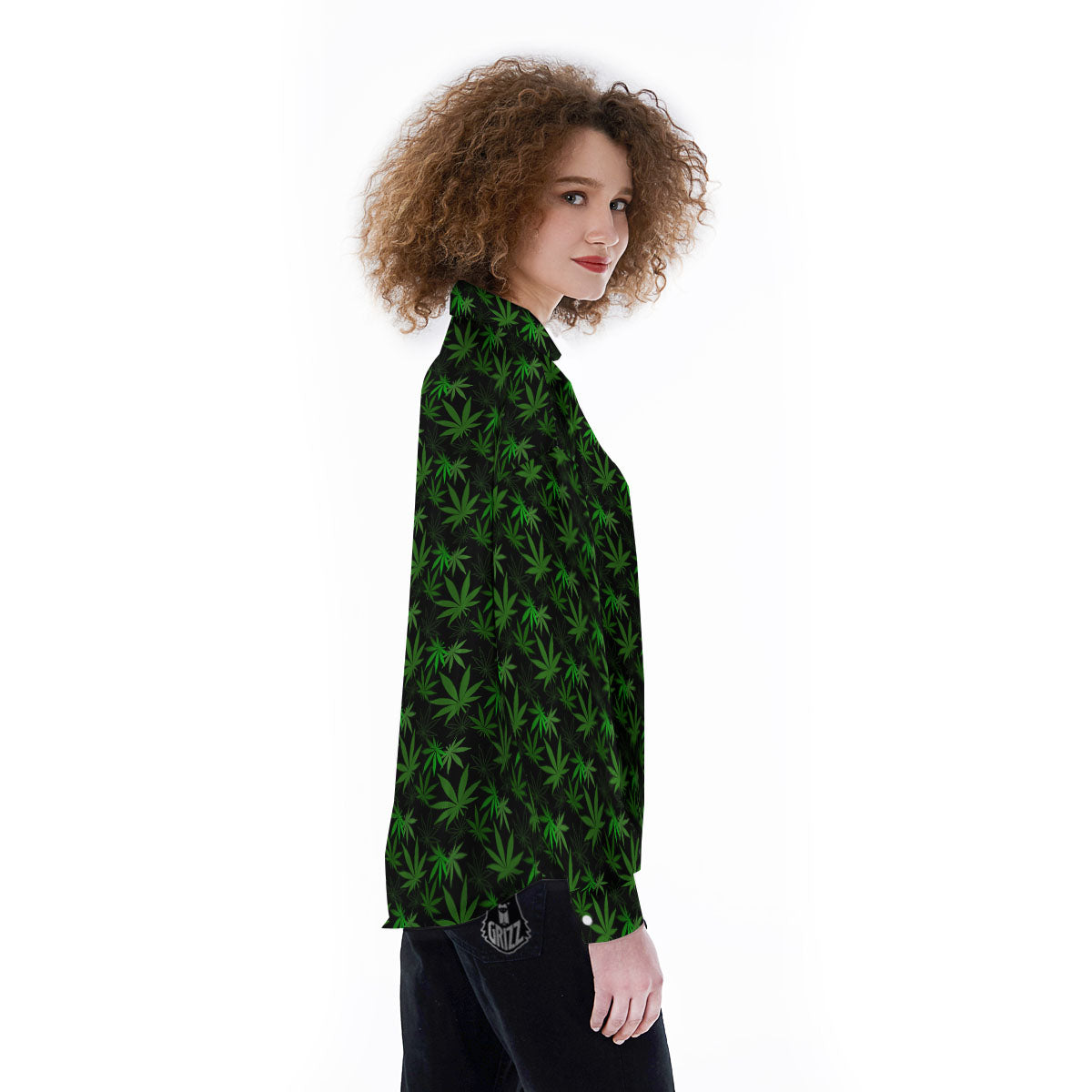 Cannabis Leaf Black And Green Print Women's Long Sleeve Shirts-grizzshop