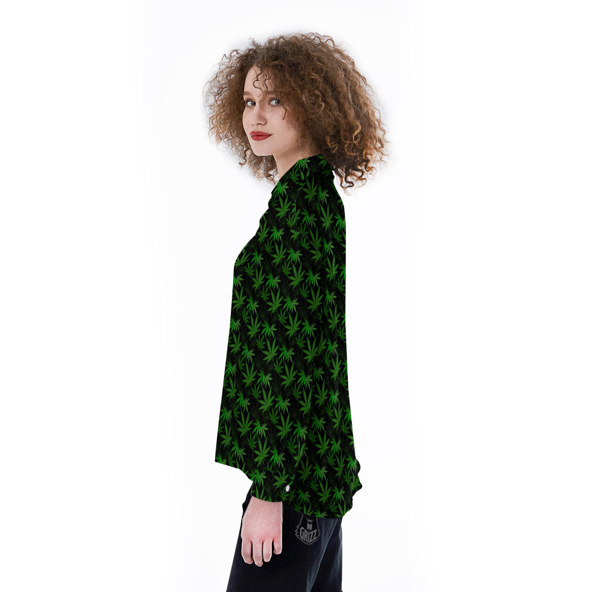 Cannabis Leaf Black And Green Print Women's Long Sleeve Shirts-grizzshop