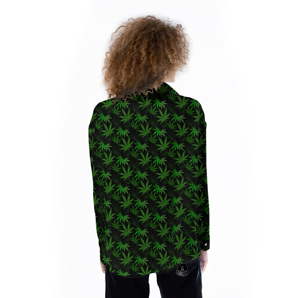 Cannabis Leaf Black And Green Print Women's Long Sleeve Shirts-grizzshop