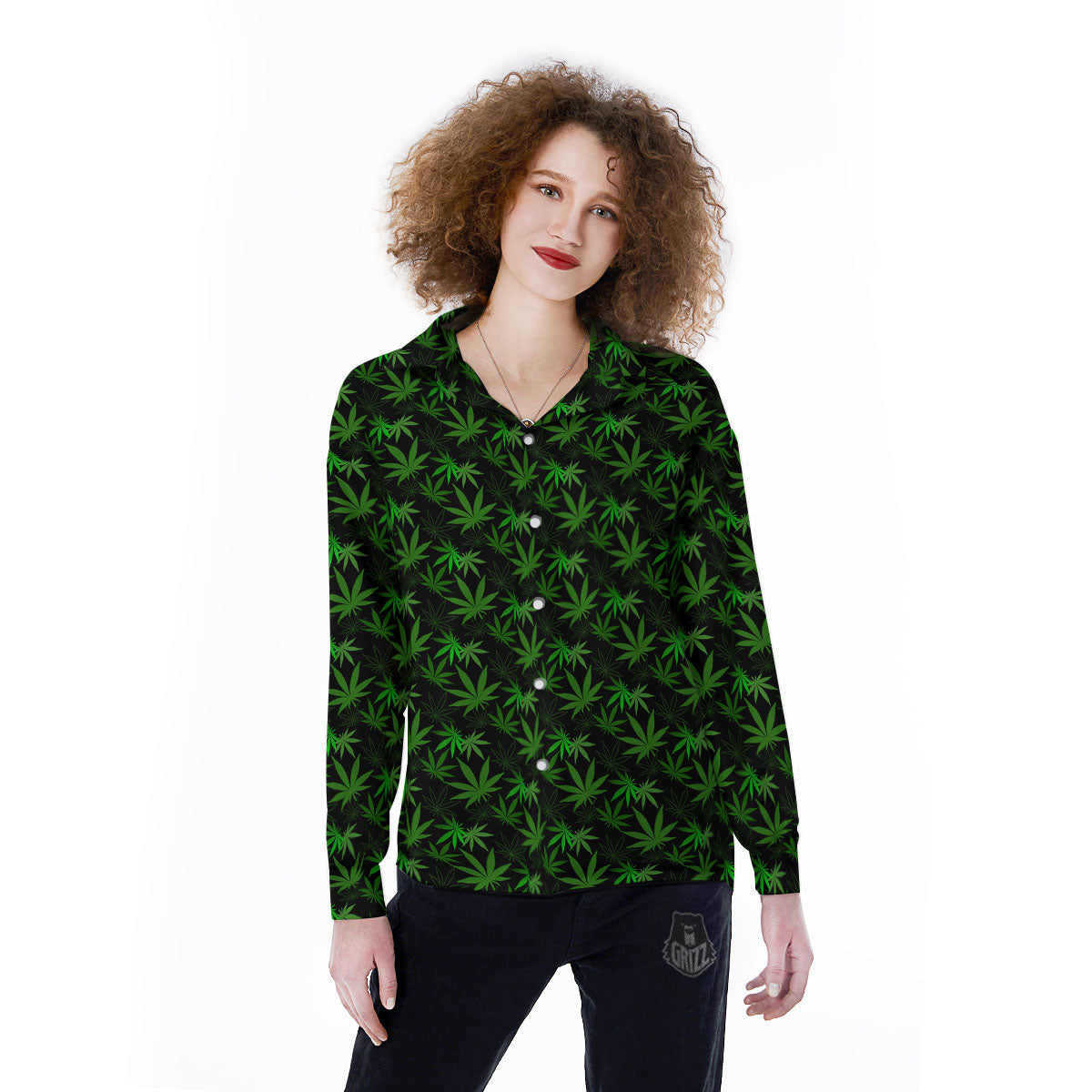 Cannabis Leaf Black And Green Print Women's Long Sleeve Shirts-grizzshop