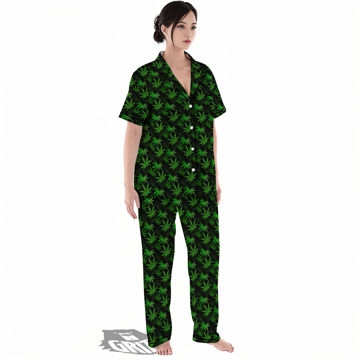 Cannabis Leaf Black And Green Print Women's Pajamas Set-grizzshop