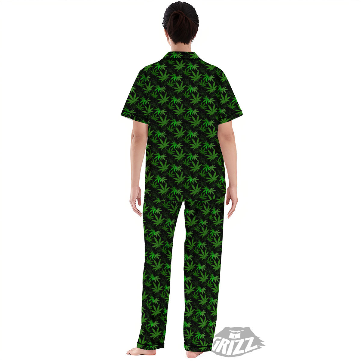 Cannabis Leaf Black And Green Print Women's Pajamas Set-grizzshop