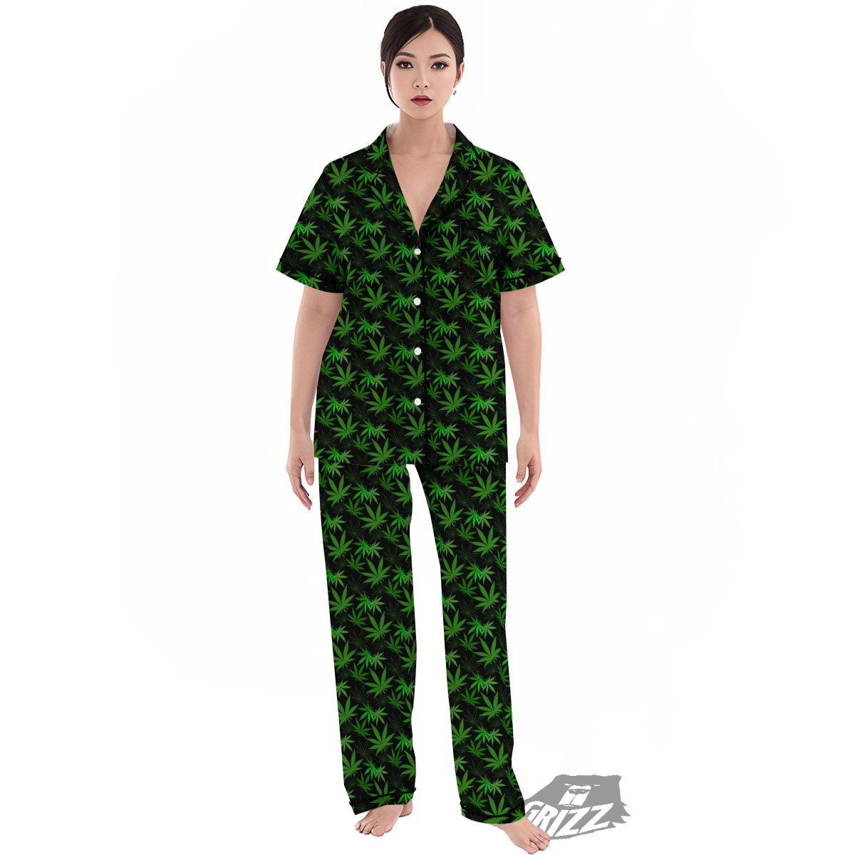 Cannabis Leaf Black And Green Print Women's Pajamas Set-grizzshop