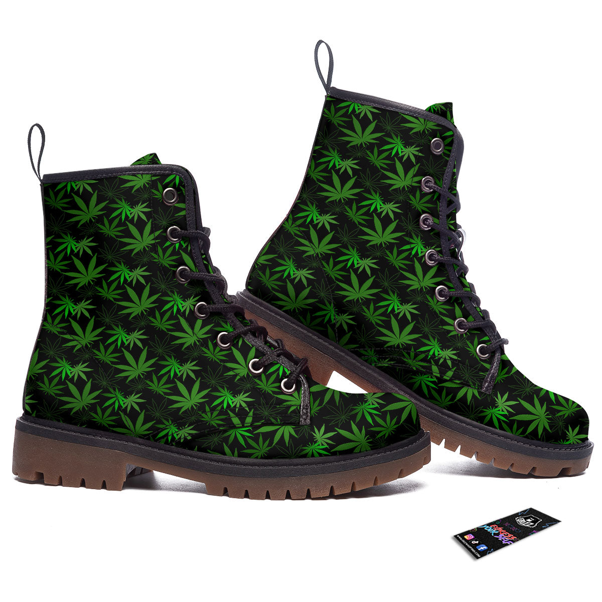 Cannabis Leaf Black And Green Print Work Boots-grizzshop