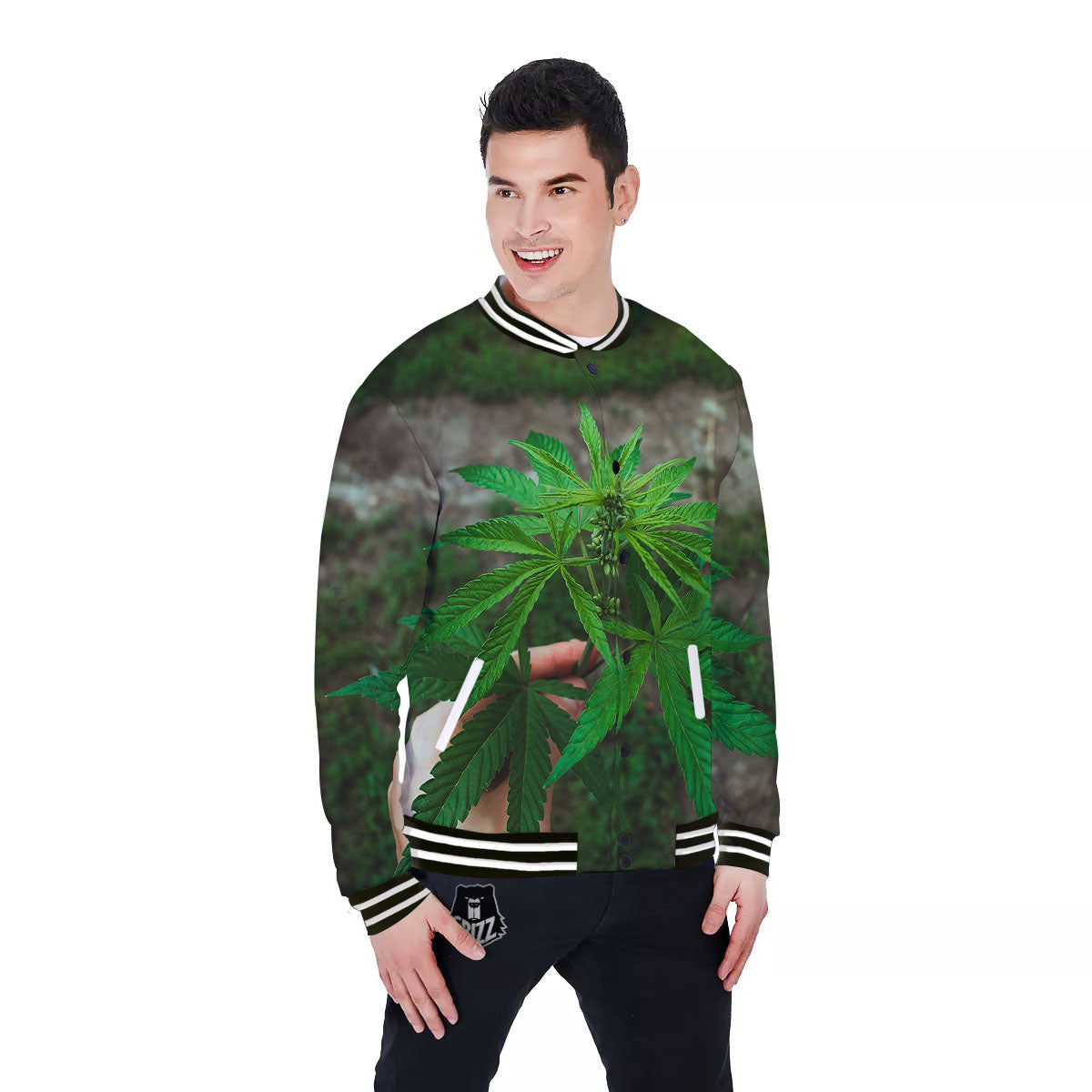 Cannabis Leaf Forest Green Print Baseball Jacket-grizzshop