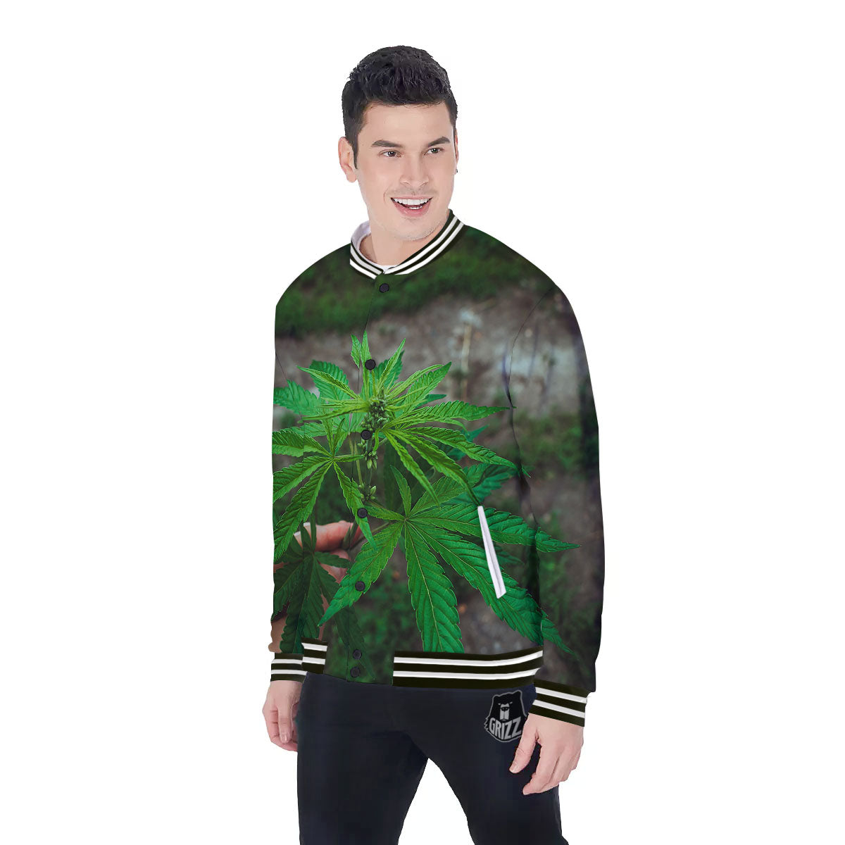 Cannabis Leaf Forest Green Print Baseball Jacket-grizzshop