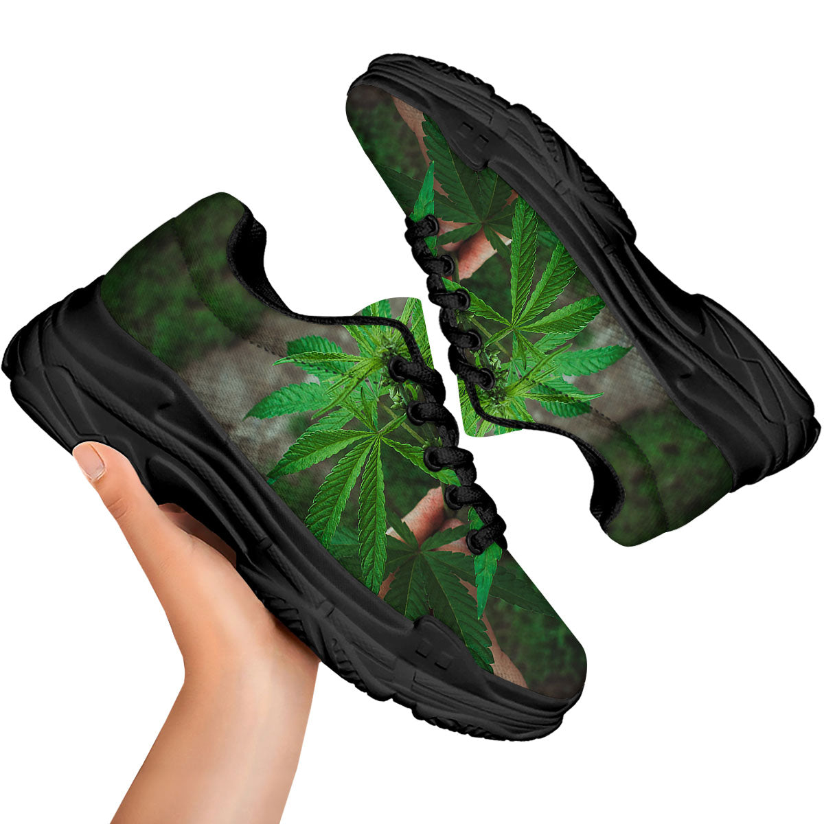 Cannabis Leaf Forest Green Print Black Chunky Shoes-grizzshop
