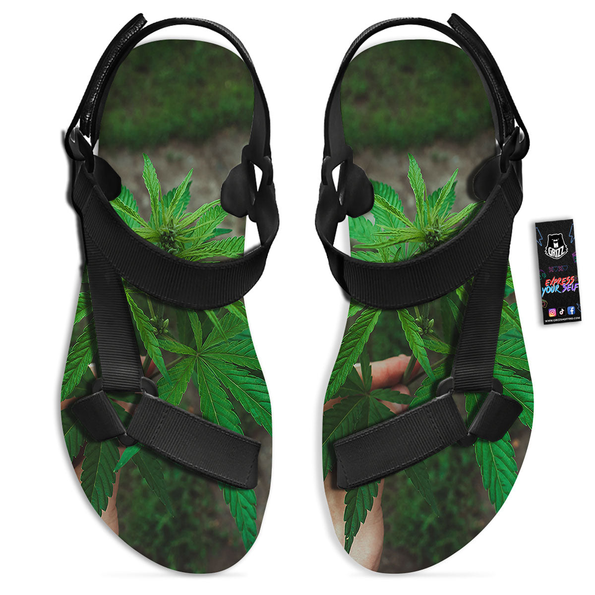 Cannabis Leaf Forest Green Print Black Open Toe Sandals-grizzshop