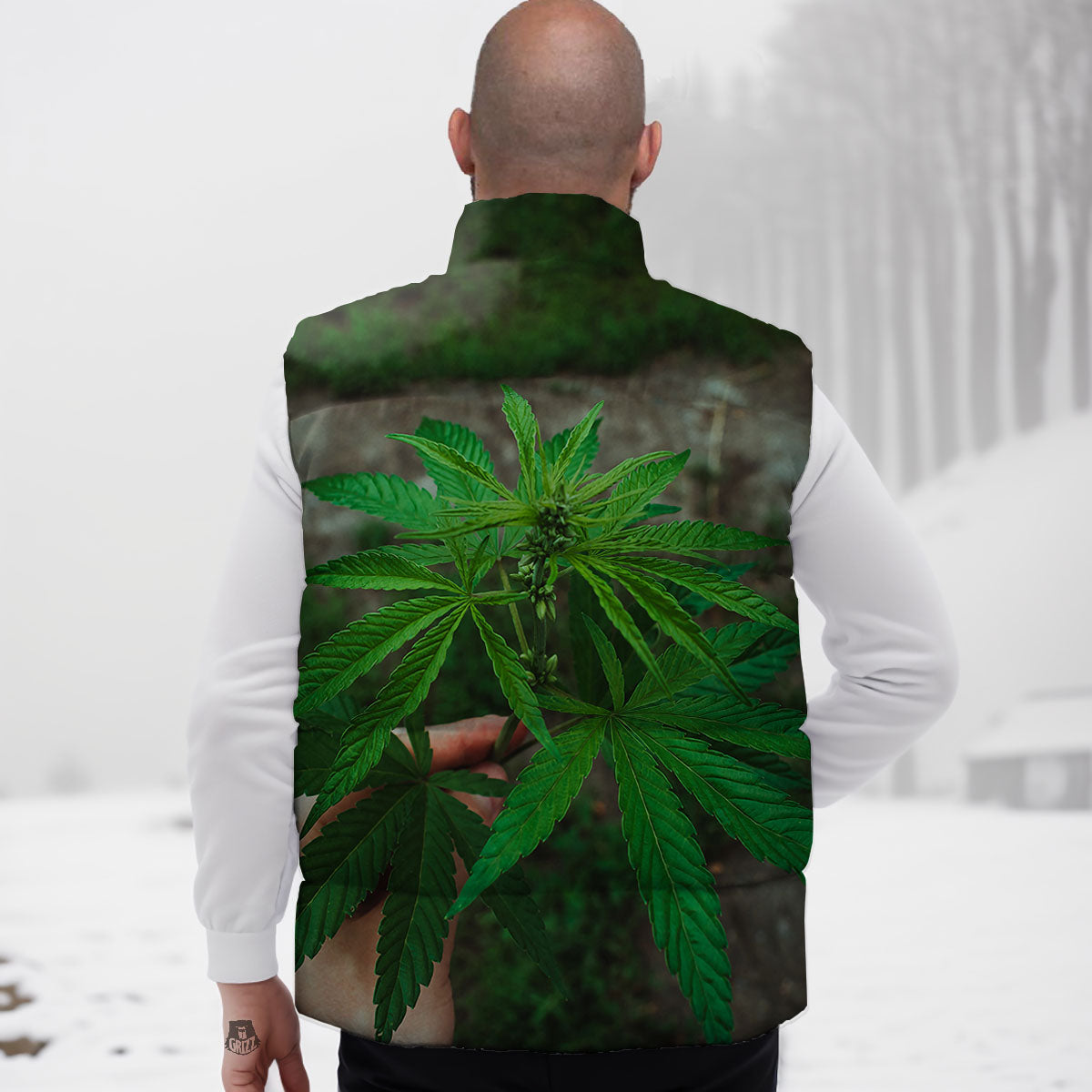 Cannabis Leaf Forest Green Print Down Vest