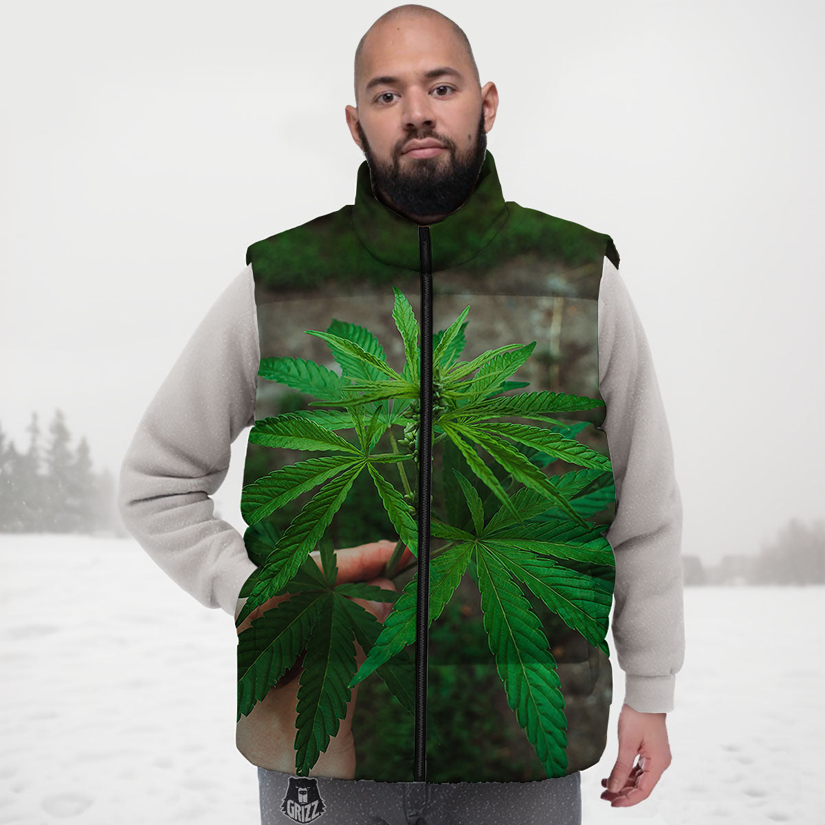 Cannabis Leaf Forest Green Print Down Vest