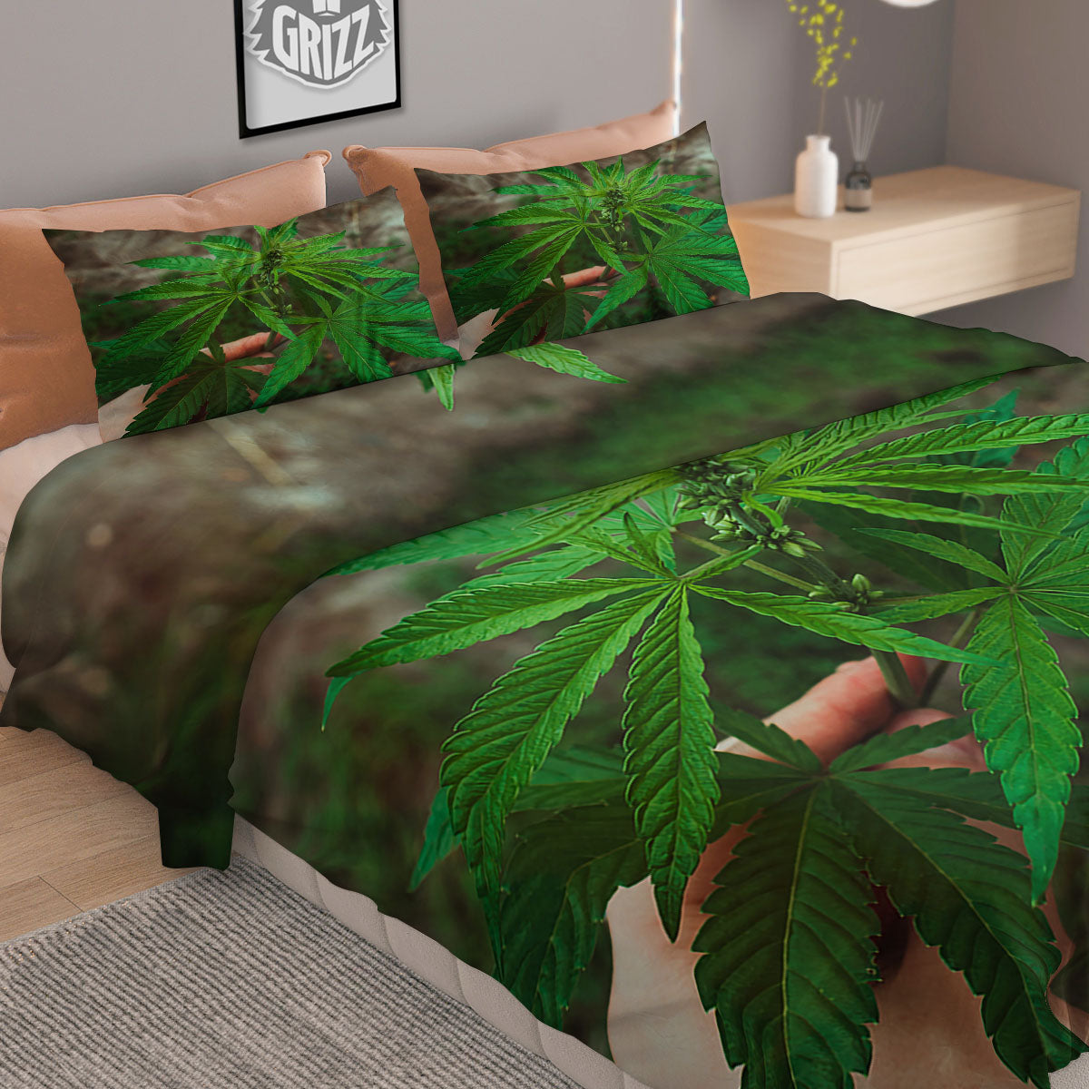 Cannabis Leaf Forest Green Print Duvet Cover Bedding Set
