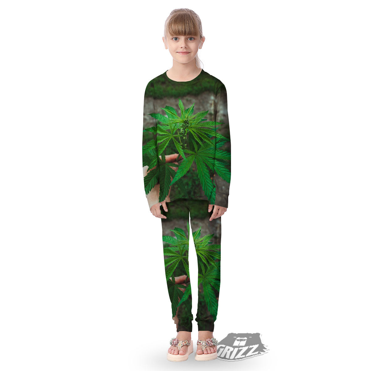 Cannabis Leaf Forest Green Print Kid's Pajamas-grizzshop