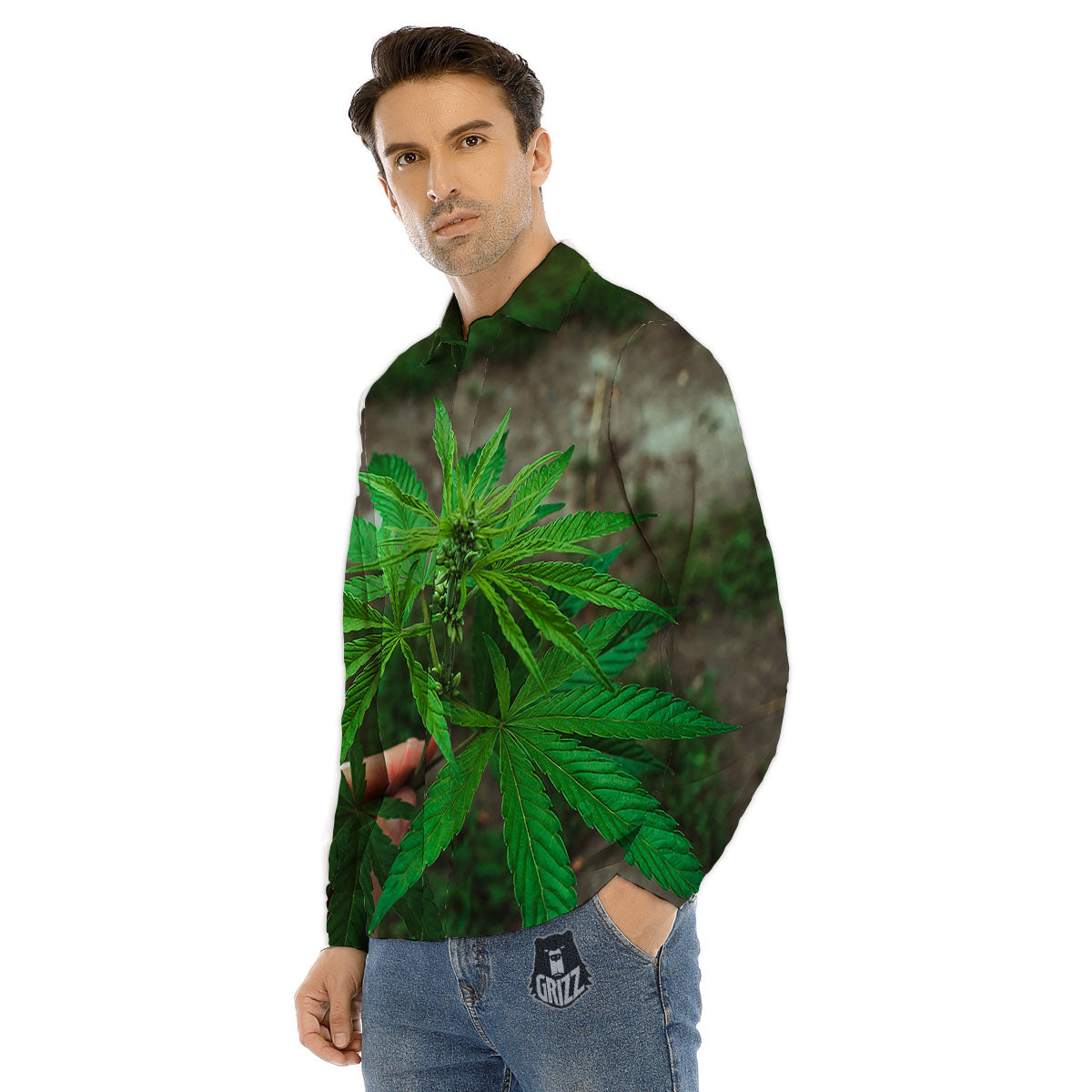 Cannabis Leaf Forest Green Print Men's Dress Shirts-grizzshop
