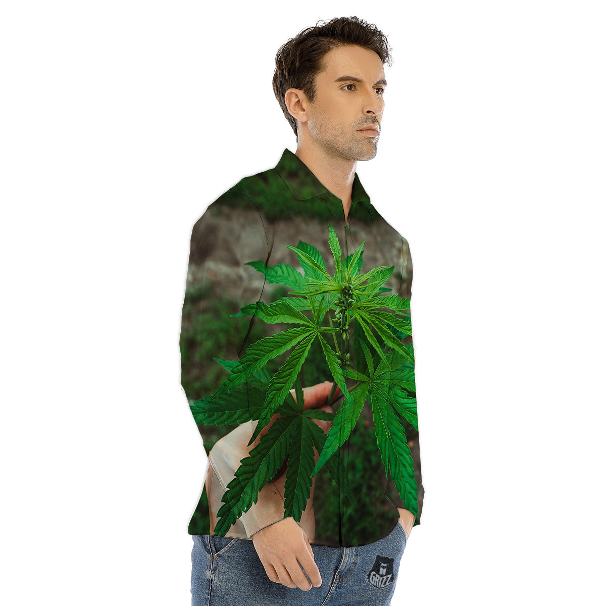 Cannabis Leaf Forest Green Print Men's Dress Shirts-grizzshop