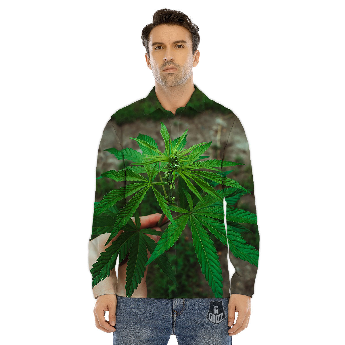 Cannabis Leaf Forest Green Print Men's Dress Shirts-grizzshop