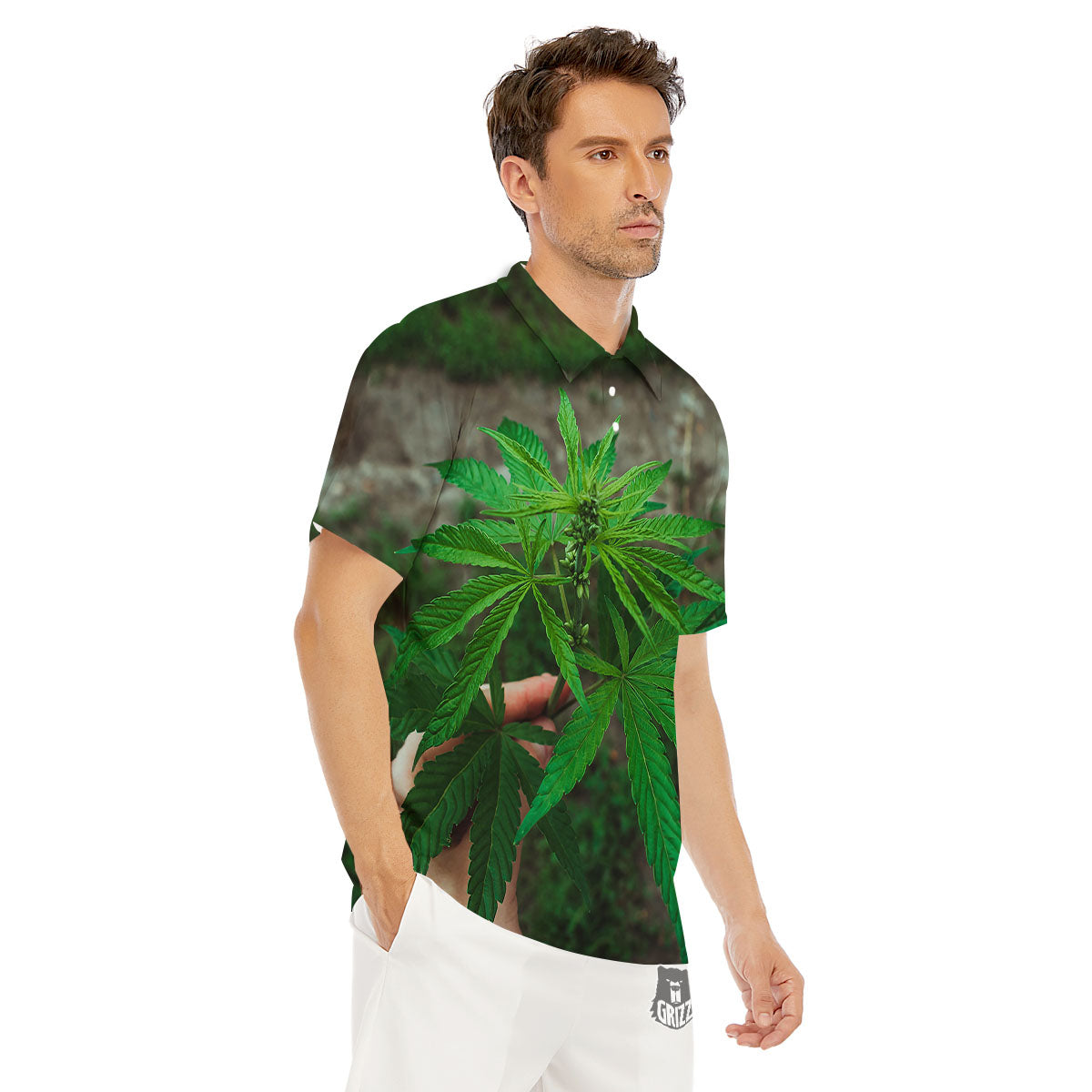 Cannabis Leaf Forest Green Print Men's Golf Shirts-grizzshop