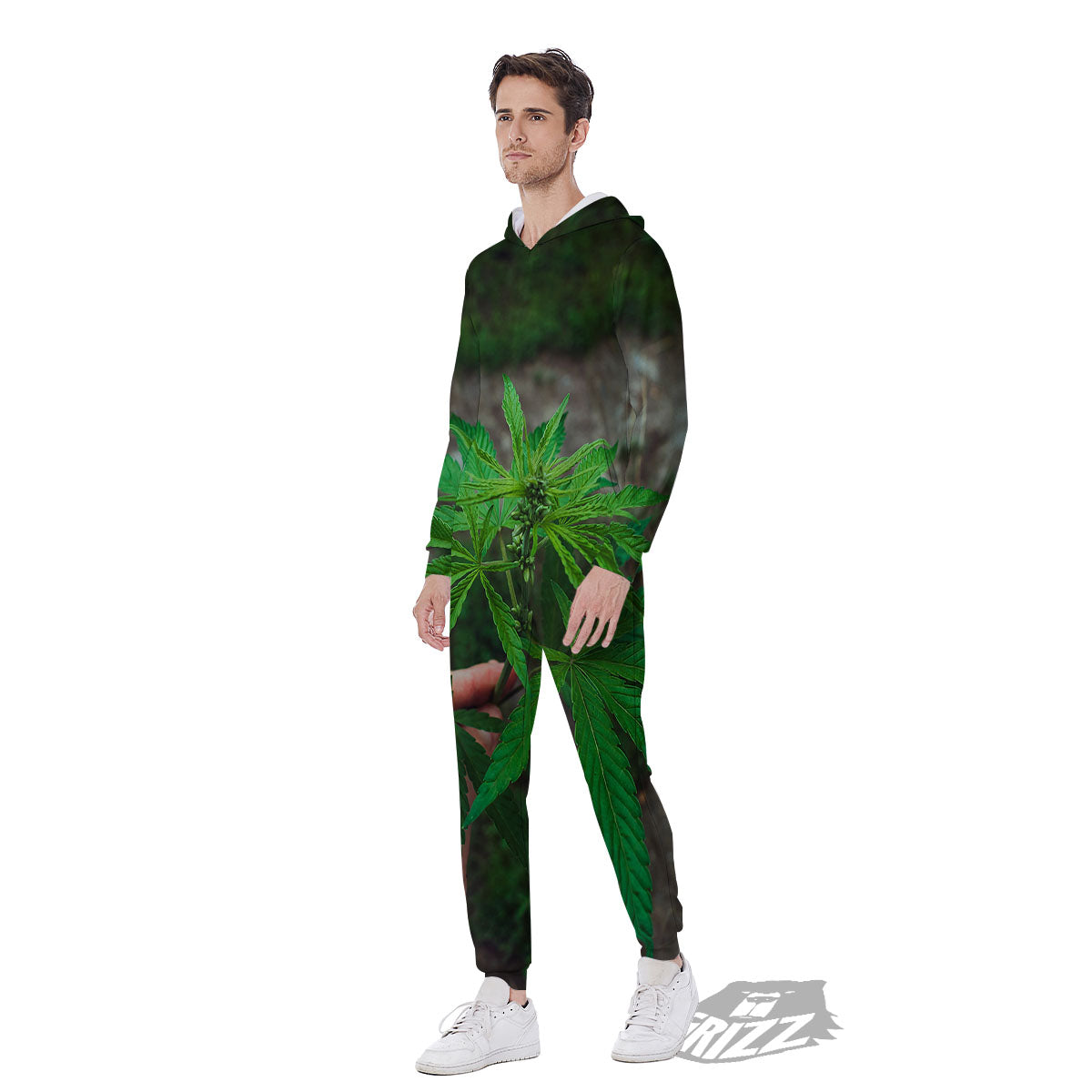 Cannabis Leaf Forest Green Print Men's Jumpsuit-grizzshop
