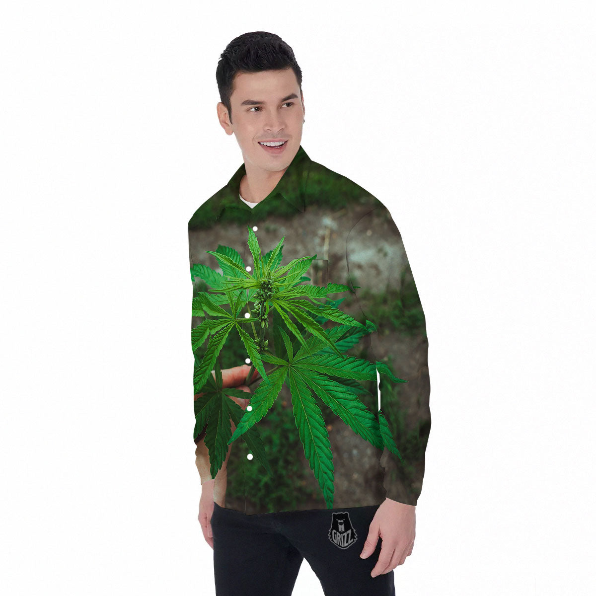 Cannabis Leaf Forest Green Print Men's Long Sleeve Shirts-grizzshop