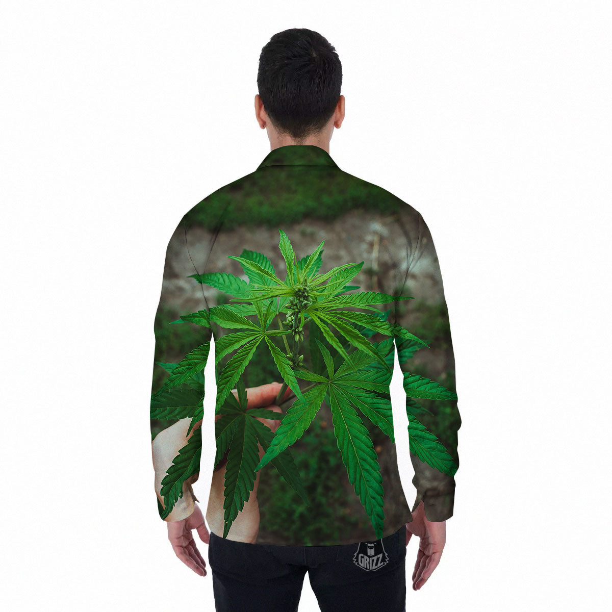 Cannabis Leaf Forest Green Print Men's Long Sleeve Shirts-grizzshop