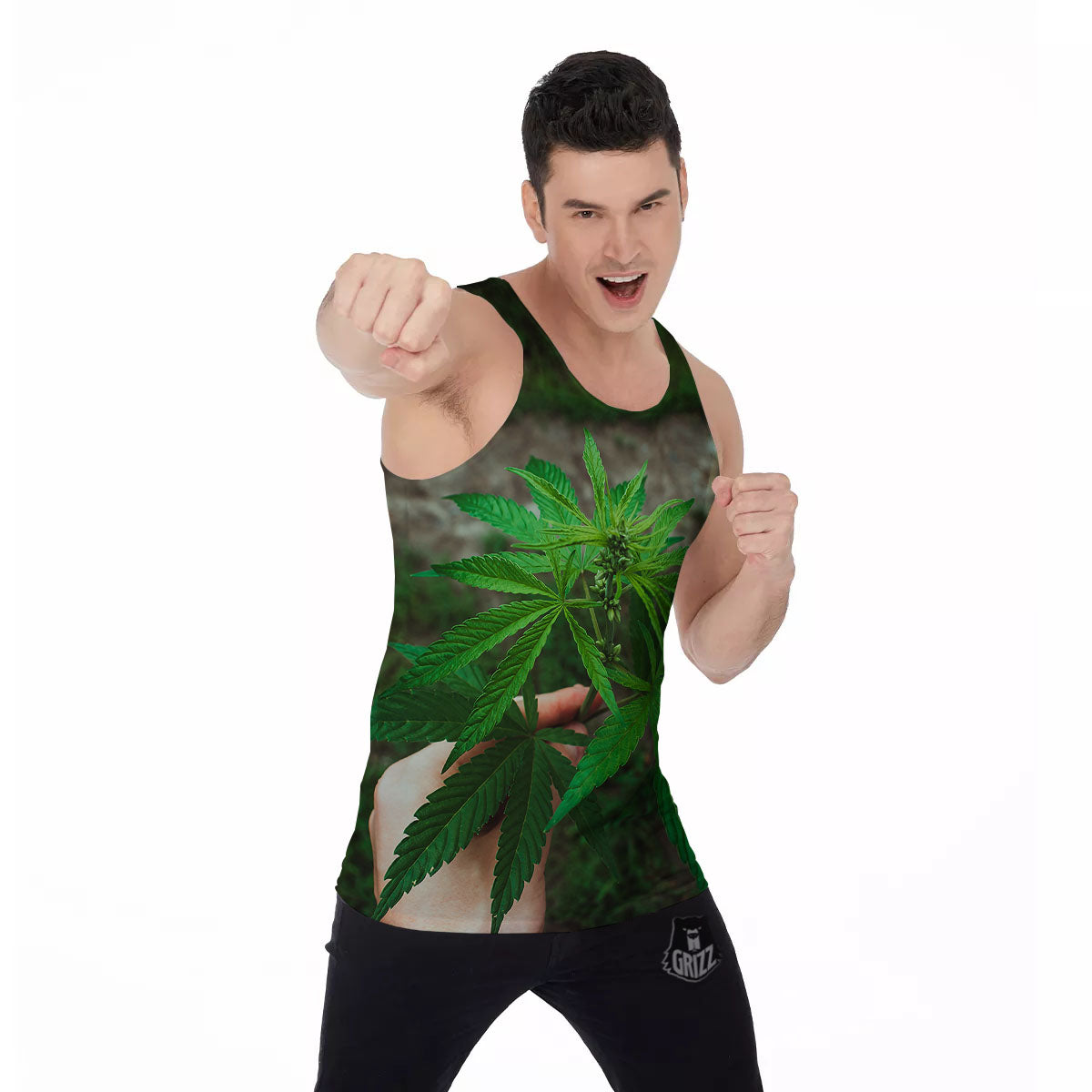 Cannabis Leaf Forest Green Print Men's Tank Top-grizzshop